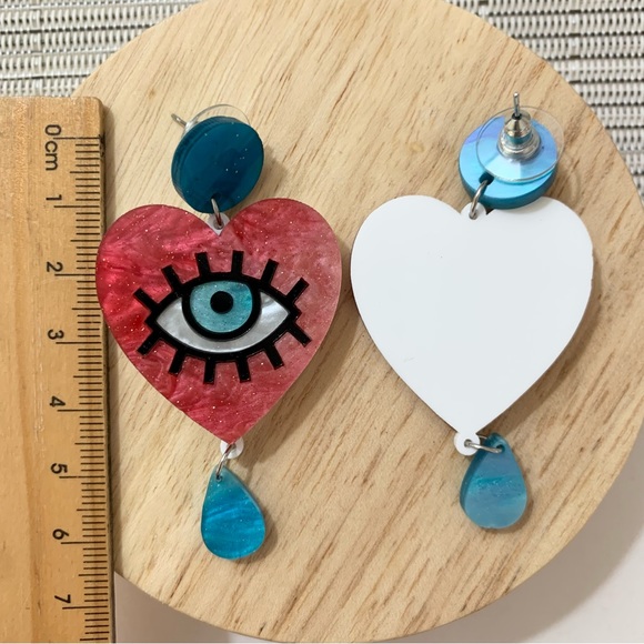 SOLD OUT Evil Eye Love Heart Statement Earrings Acrylic & Stainless Steel Punk - Picture 5 of 7